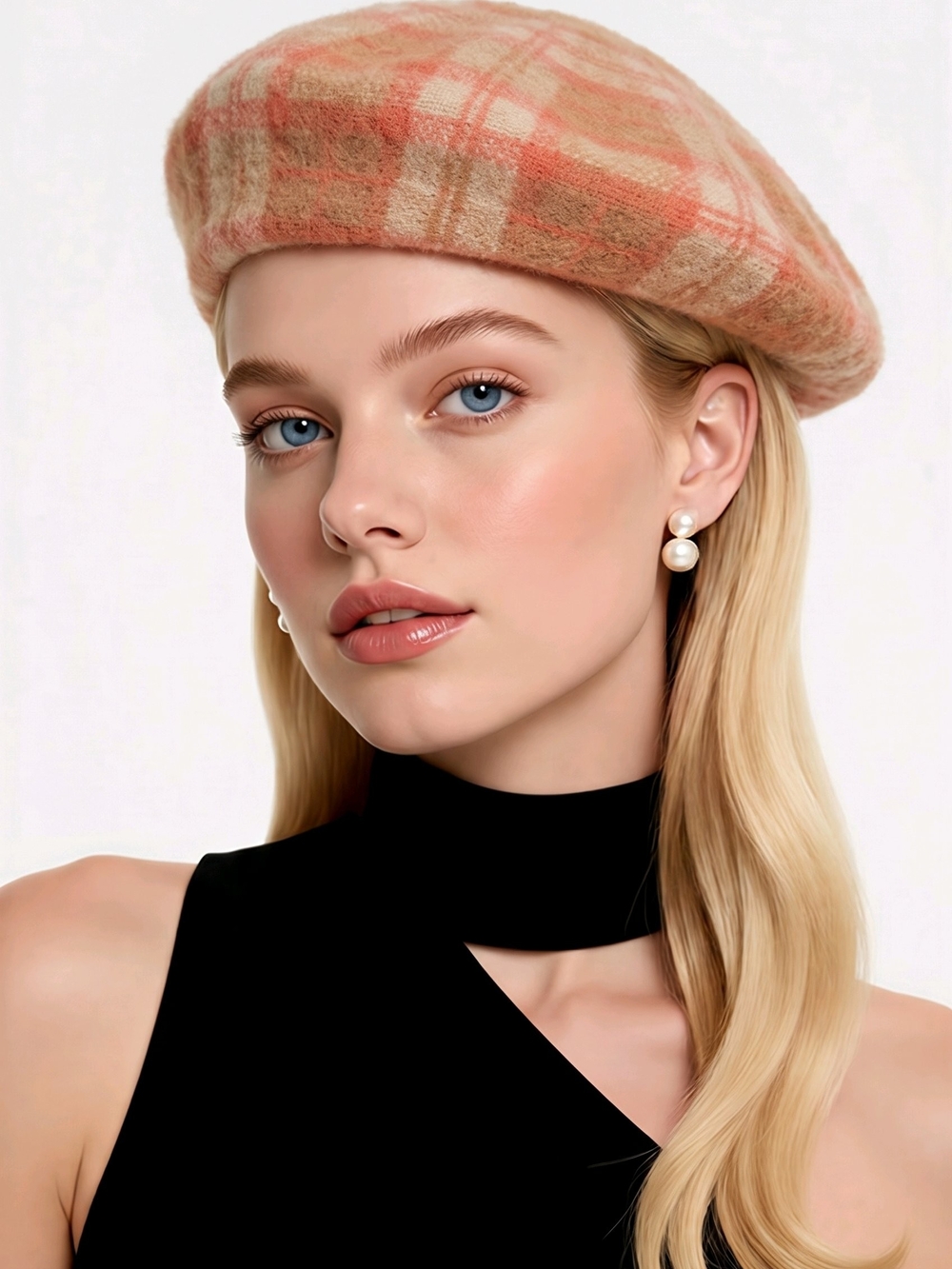 A New Day 100% Wool Plaid Beret Coral Tan French Fall Autumn Hat